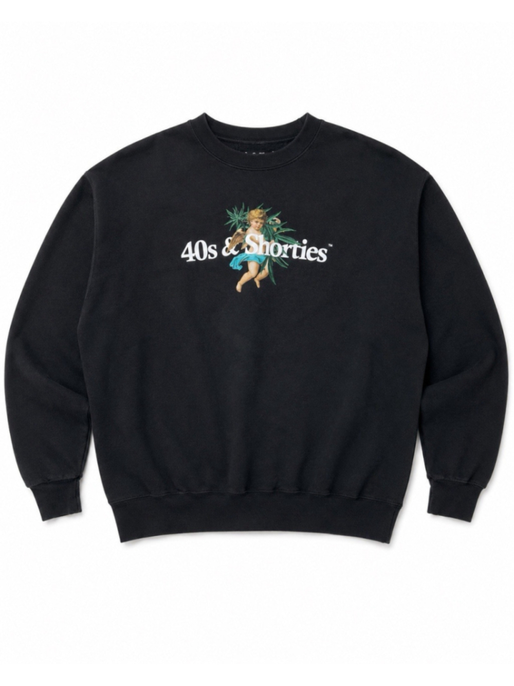 40s & Shorties Black Crewneck Sweatshirt Men’s Large Angel Wings & Plant Leaves
